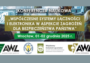 Grafika promująca konferencję naukową Współczesne systemy łączności i elektronika w aspekcie zagrożeń dla bezpieczeństwa państwa
