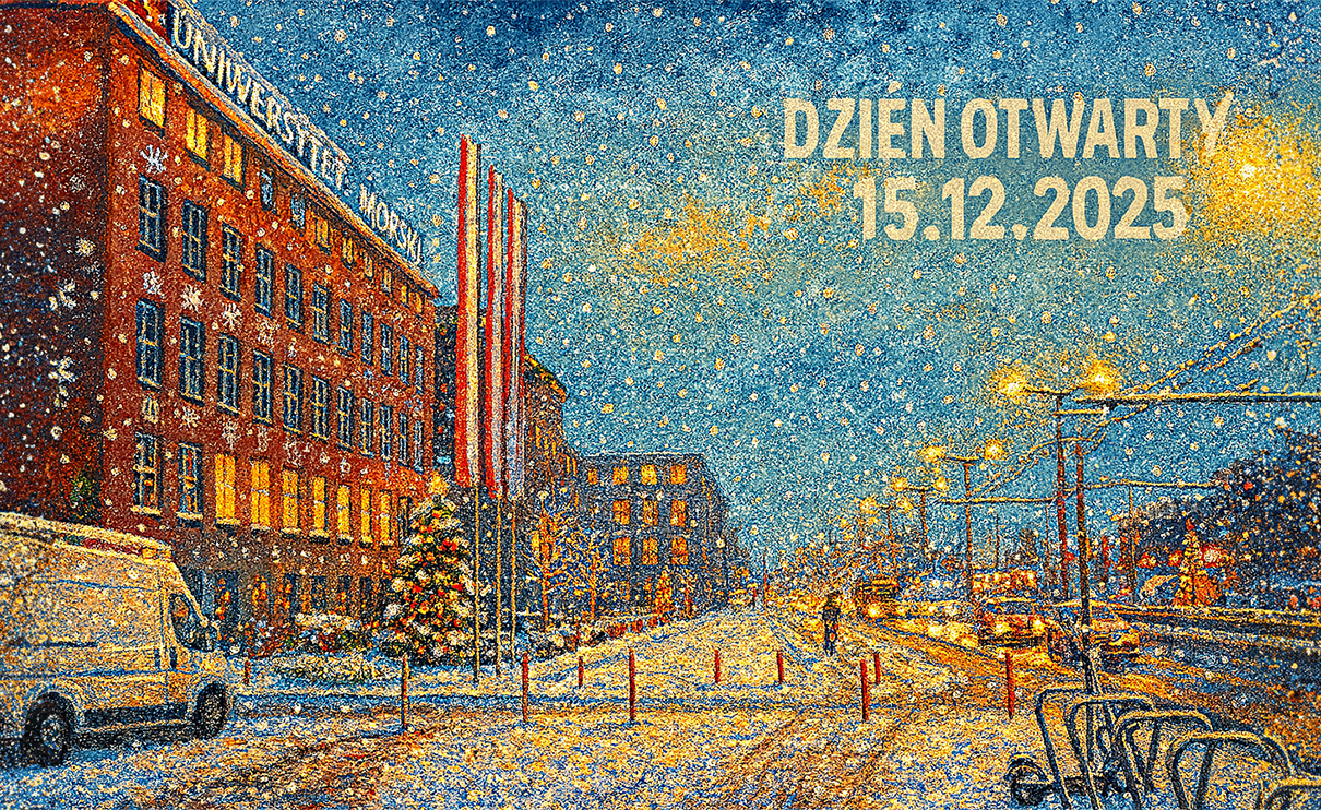Grafika na Dzień Otwarty 2025 - ośnieżony budynek UMG